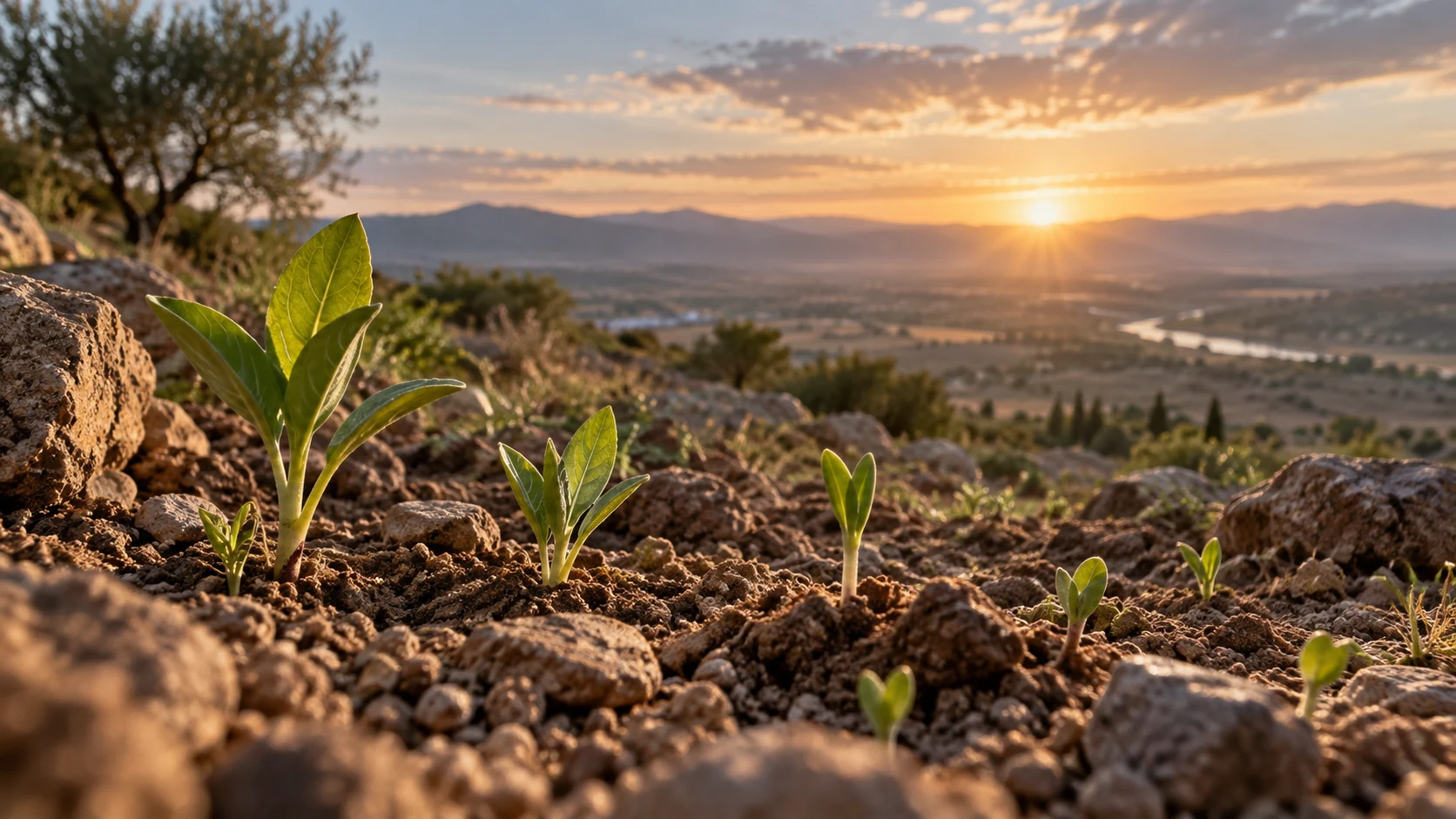 Ordinary small green shoots emerge from granular earth in natural dawn light.