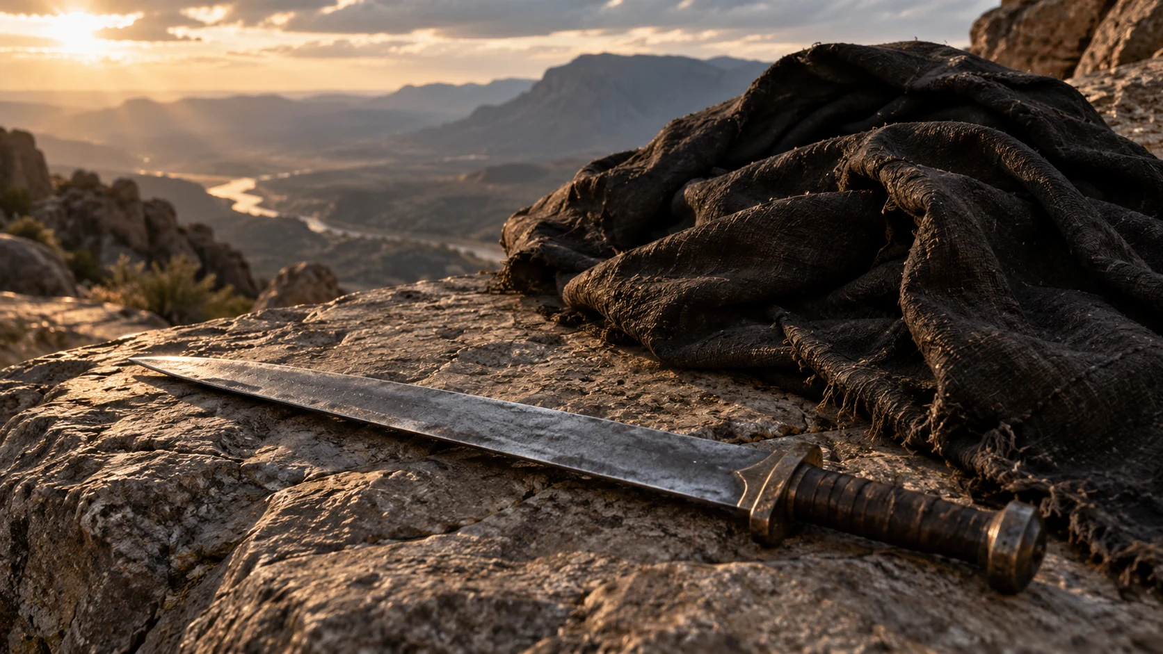 An inert unmarked old blade lies beside an empty coarse dark garment on rough stone.