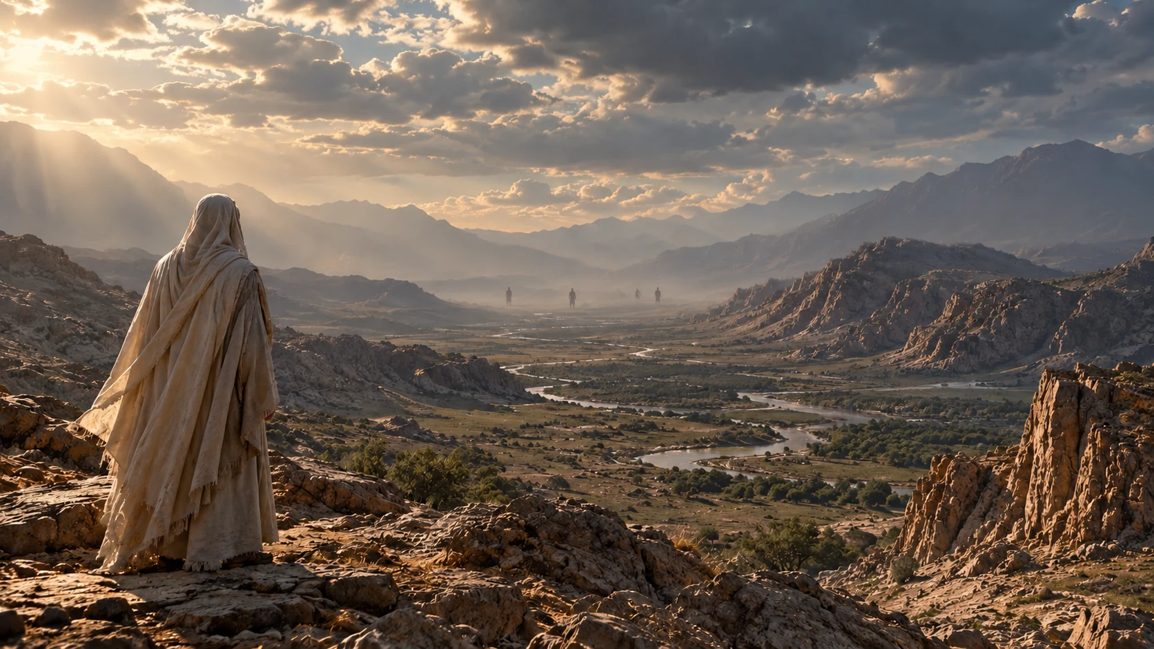 A pale-veiled presence looks across a bare valley toward faint distant bareheaded adult tunic silhouettes.