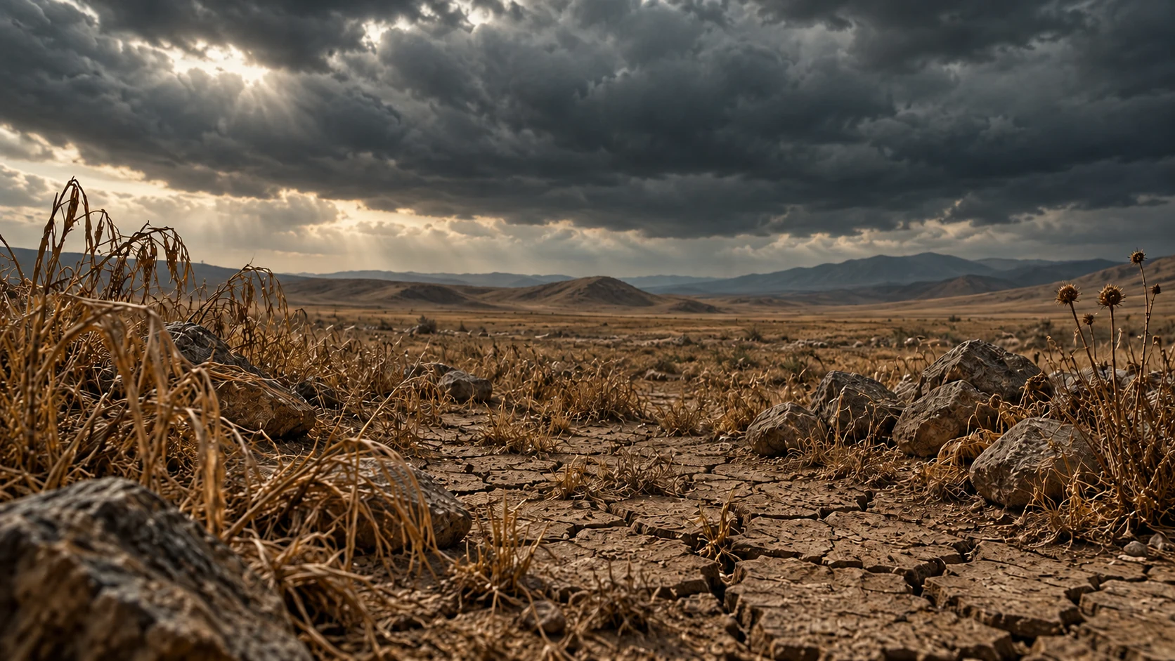 Dry cracked ground and drooping vegetation stretch beneath rainless clouds with no people present.