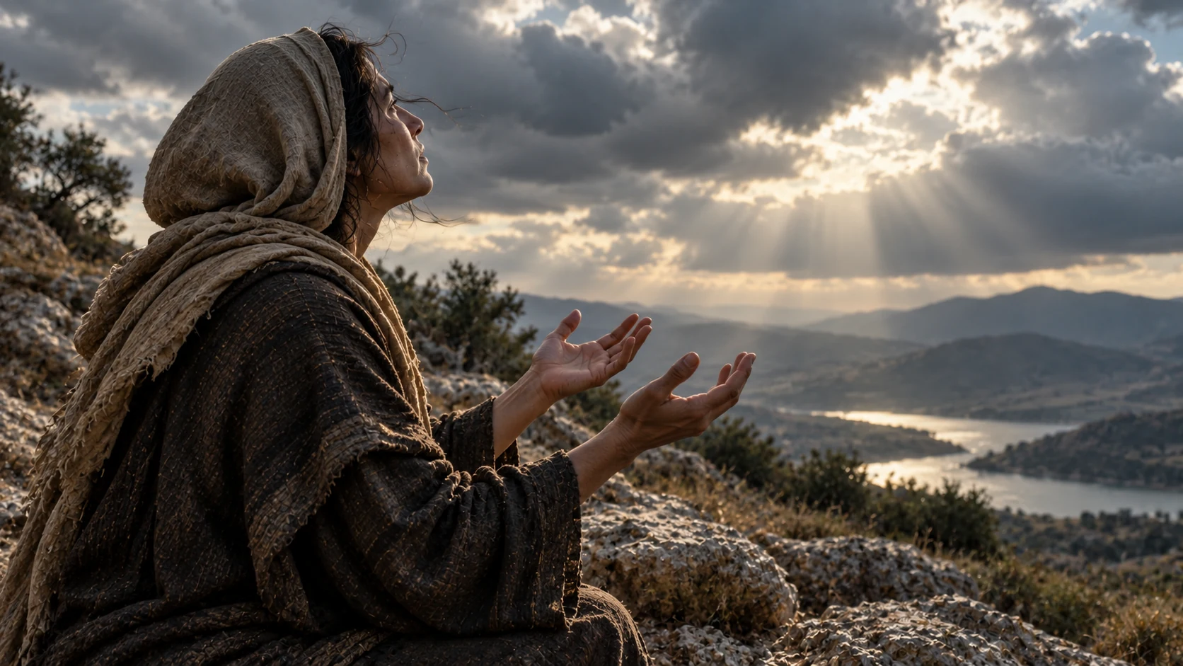 An anonymous adult raises empty open palms beneath natural cloud light.