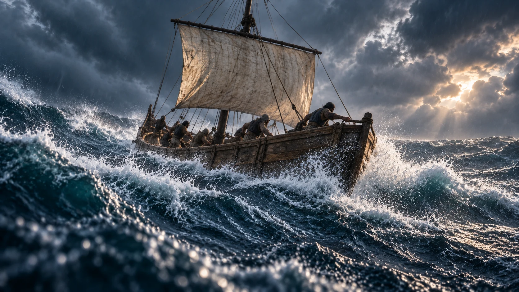 Anonymous adult crew brace aboard a plain wooden square-sail vessel among storm waves.