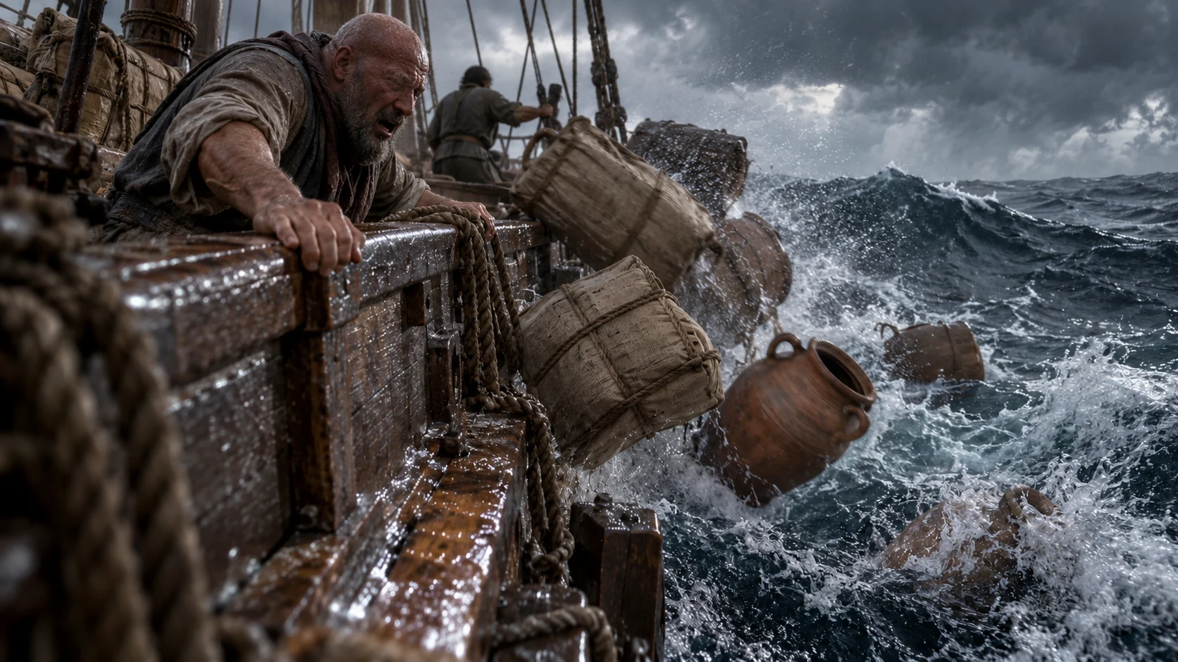 A bald older crew member grips a wet rail while plain cargo jars and bundles fall toward waves.