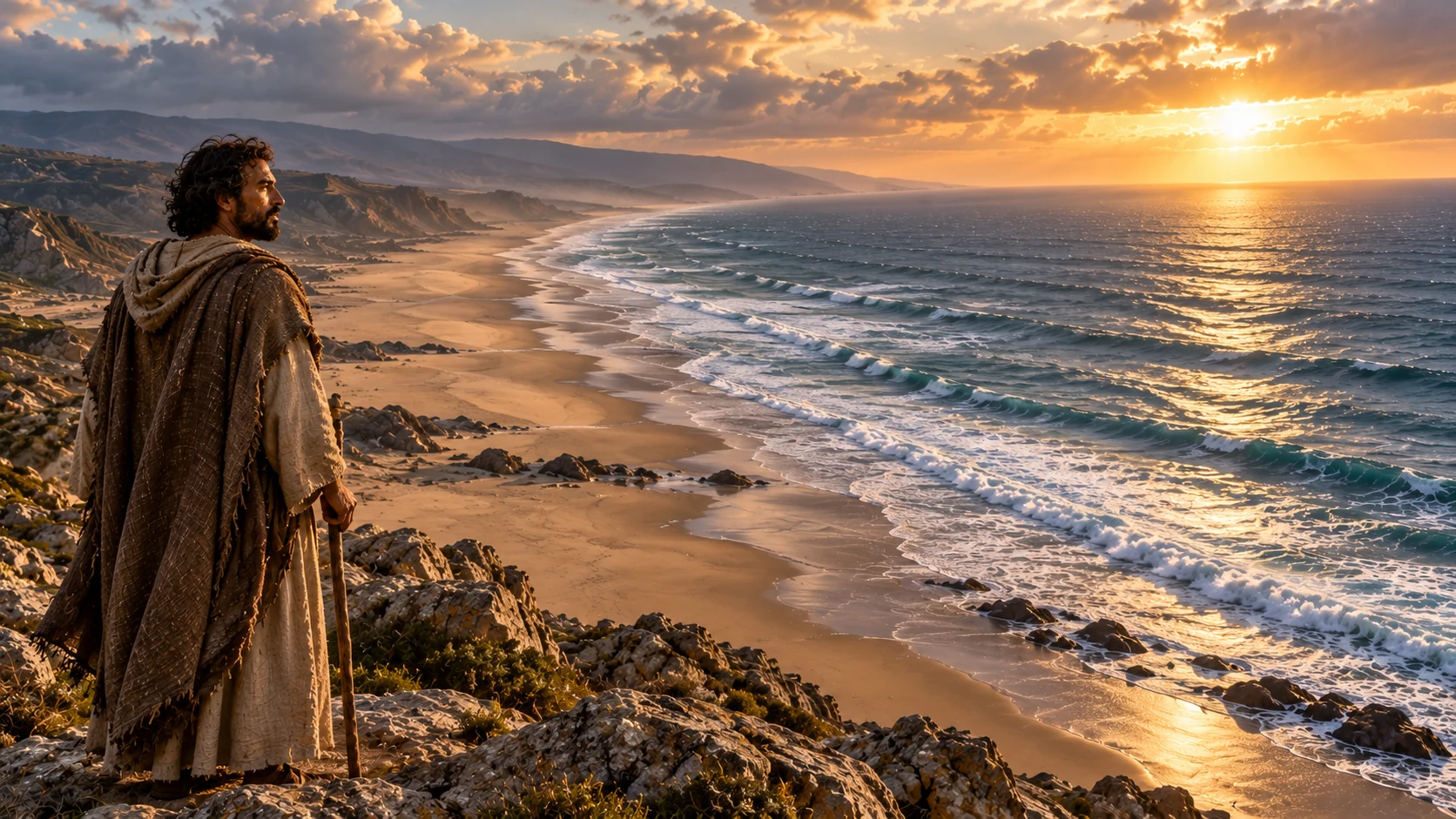 A dark-curled observer overlooks a broad sea meeting a long sandy shoreline.