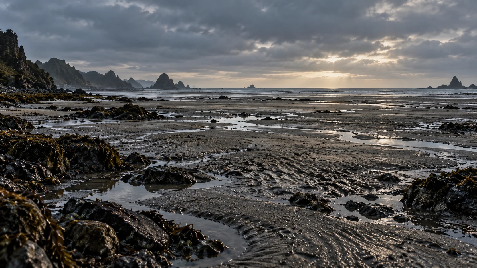 Wide exposed seabed extends toward distant low water under a restrained gray sky.