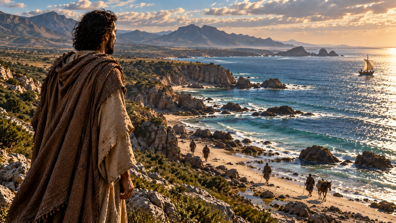 An observer overlooks coastal travelers and a simple distant sailing boat.
