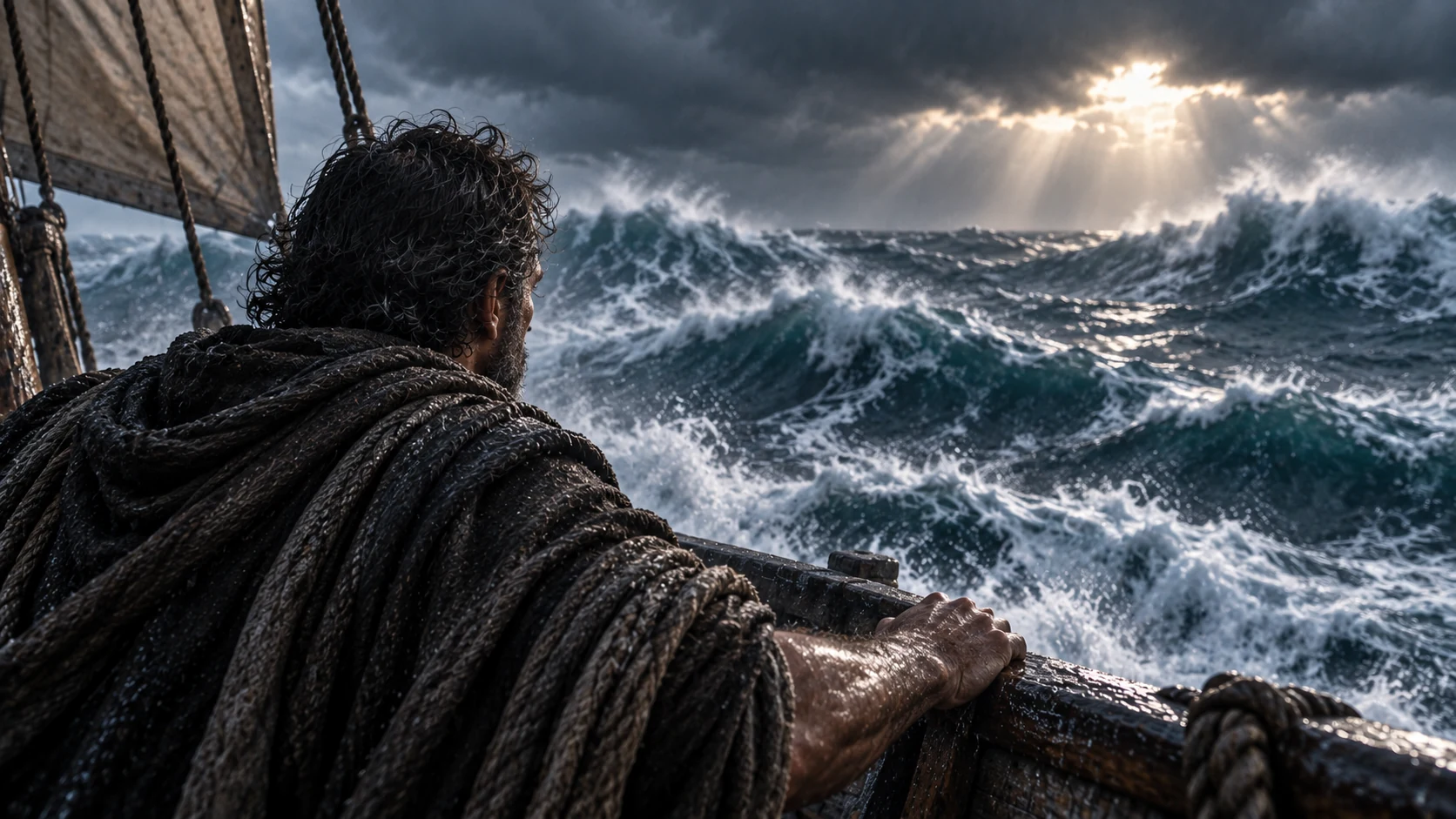 An anonymous gray-haired captain grips a wet rail from a reverse viewpoint as rough sea fills the distance.