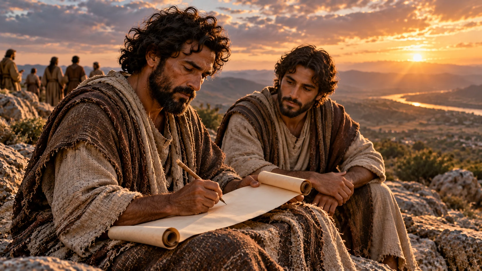 A dark-curled writer works on a blank scroll while an adult son watches and distant people stand nearby.