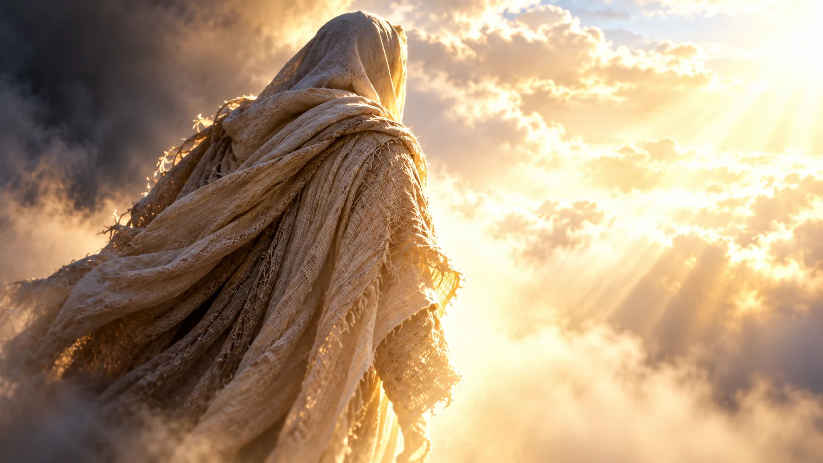 A close lateral view follows one veiled linen figure emerging from shade toward bright cloud light.