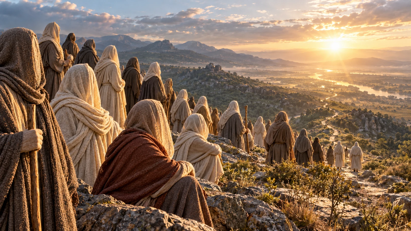 Face-concealed linen figures gather amid diffuse reflected light.