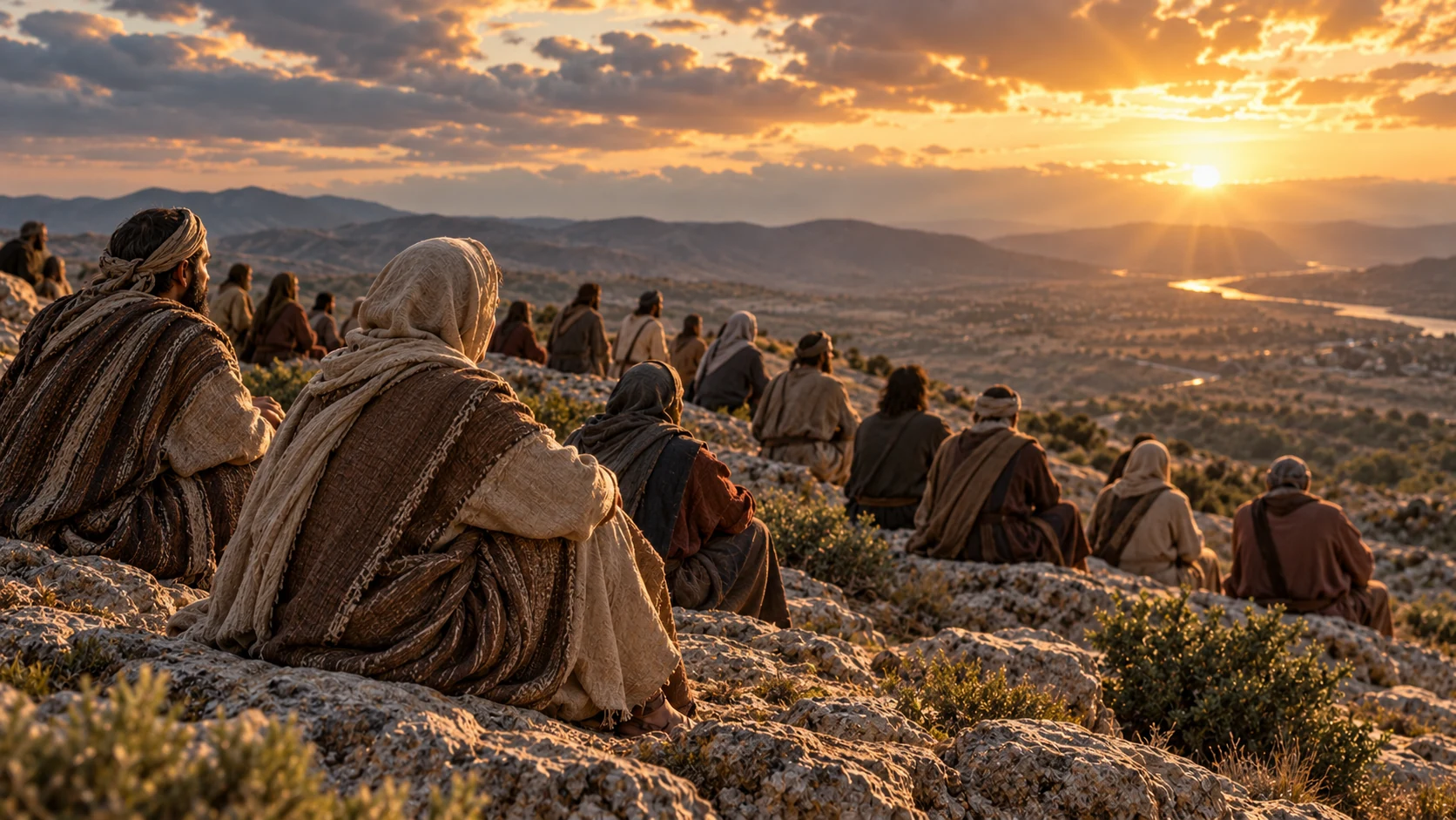 Modestly clothed adults sit patiently on a bare ridge in dawn light.