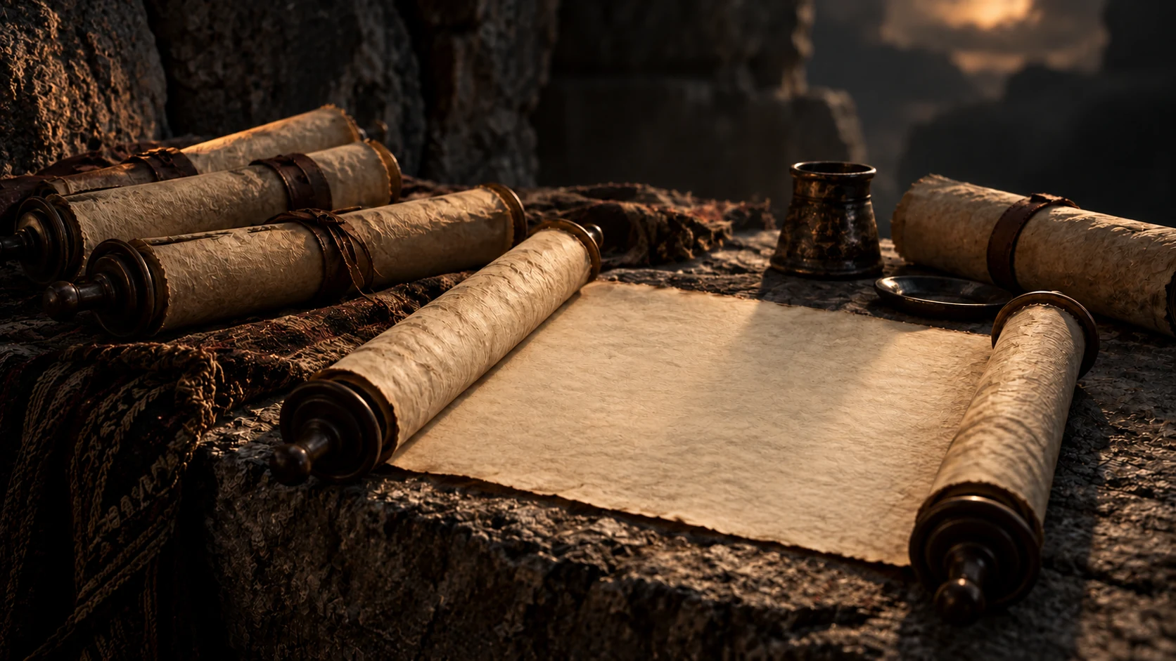 Several plain closed scrolls and an open blank sheet rest in dim indirect light.