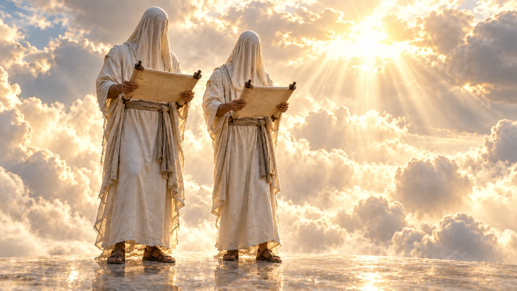 Two face-veiled pale figures attend to unmarked scrolls amid cloud light.