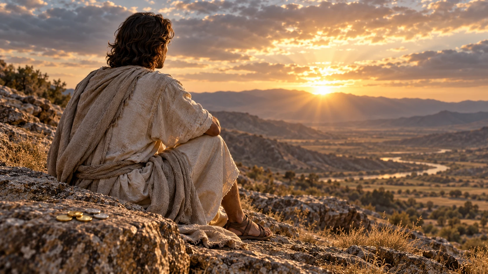 A modest adult looks toward open light while small unmarked gold and silver discs lie aside on rock.