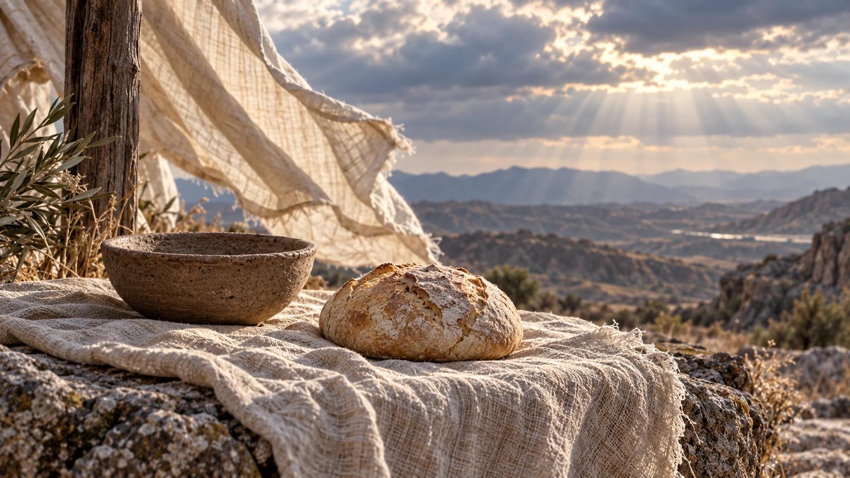 Unused bread and a plain bowl rest beside wind-moving linen in natural light.