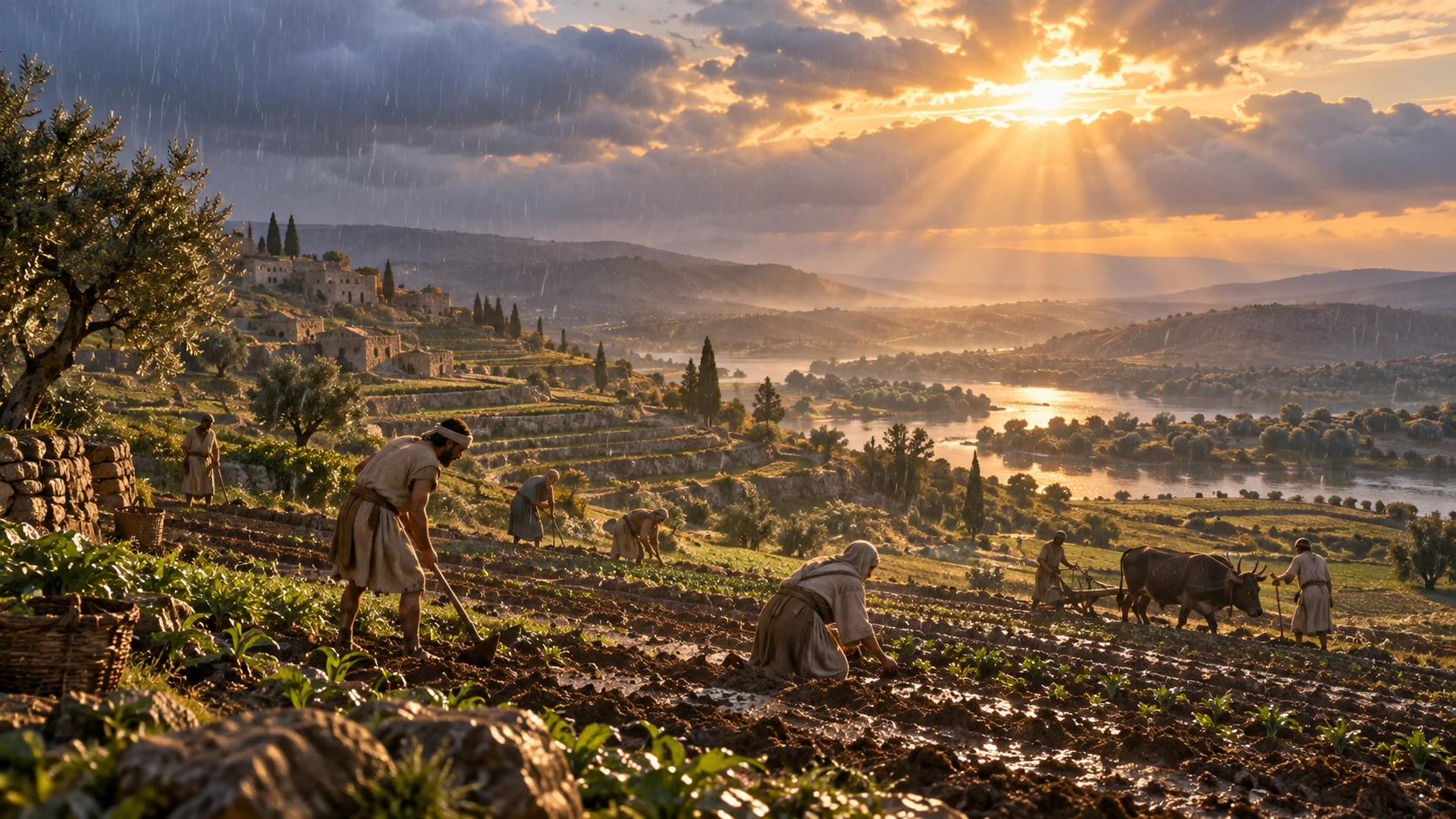 Rain and dawn light over ancient workers and cultivated terraces