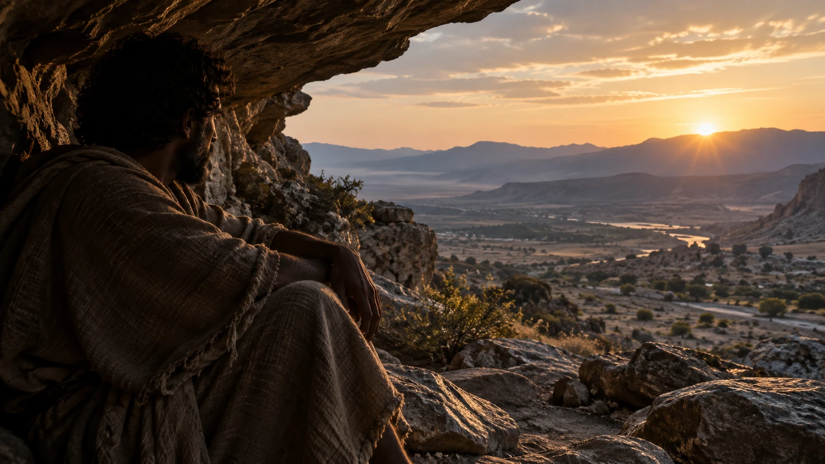 Enoch sits alone in shadow beneath a natural rock shelter at dawn.