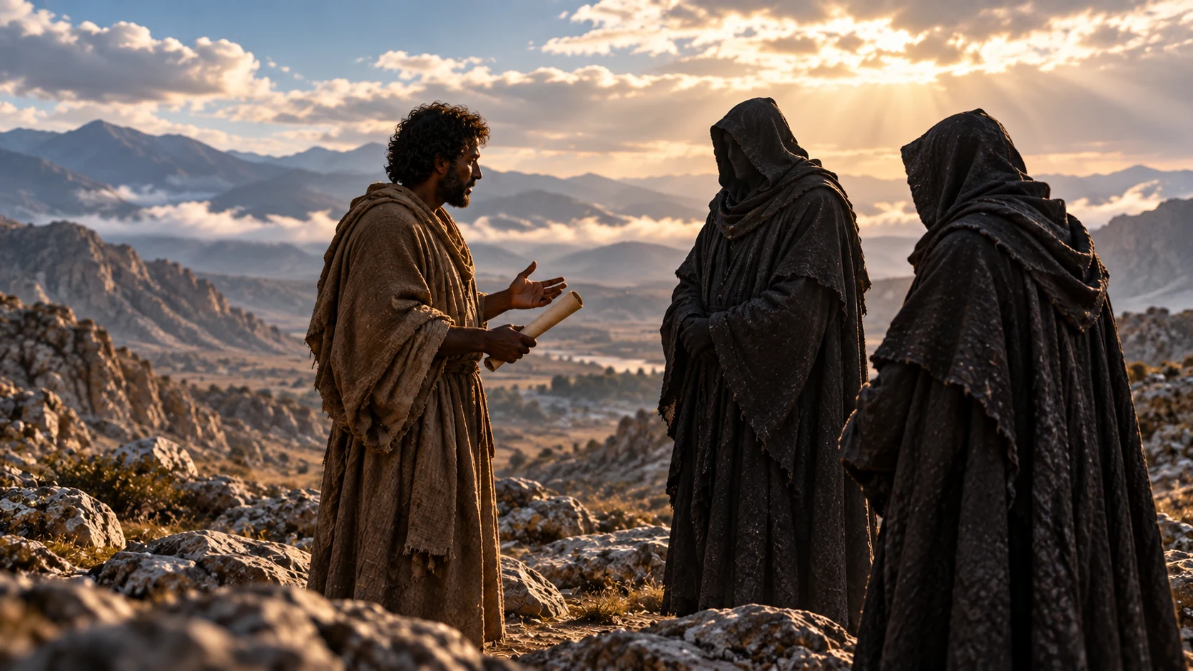 Enoch speaks with two dark-veiled Watchers in an open highland valley.