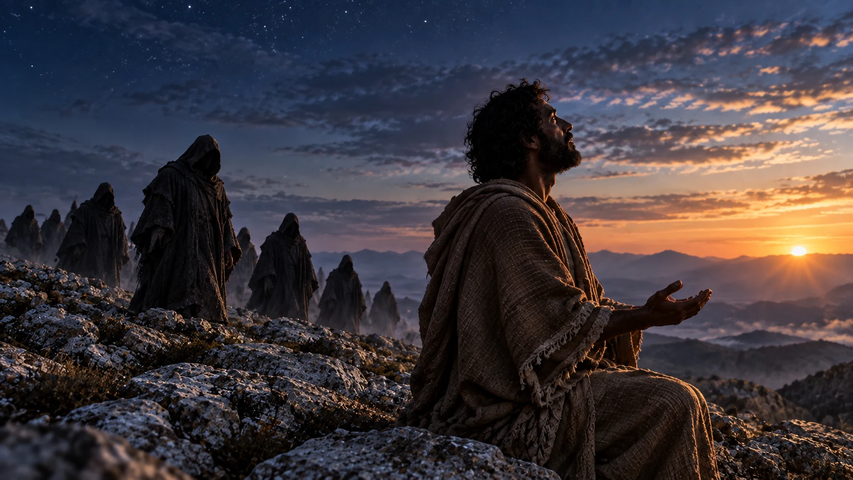 Enoch blesses beneath a fading night sky while dark-veiled figures approach.
