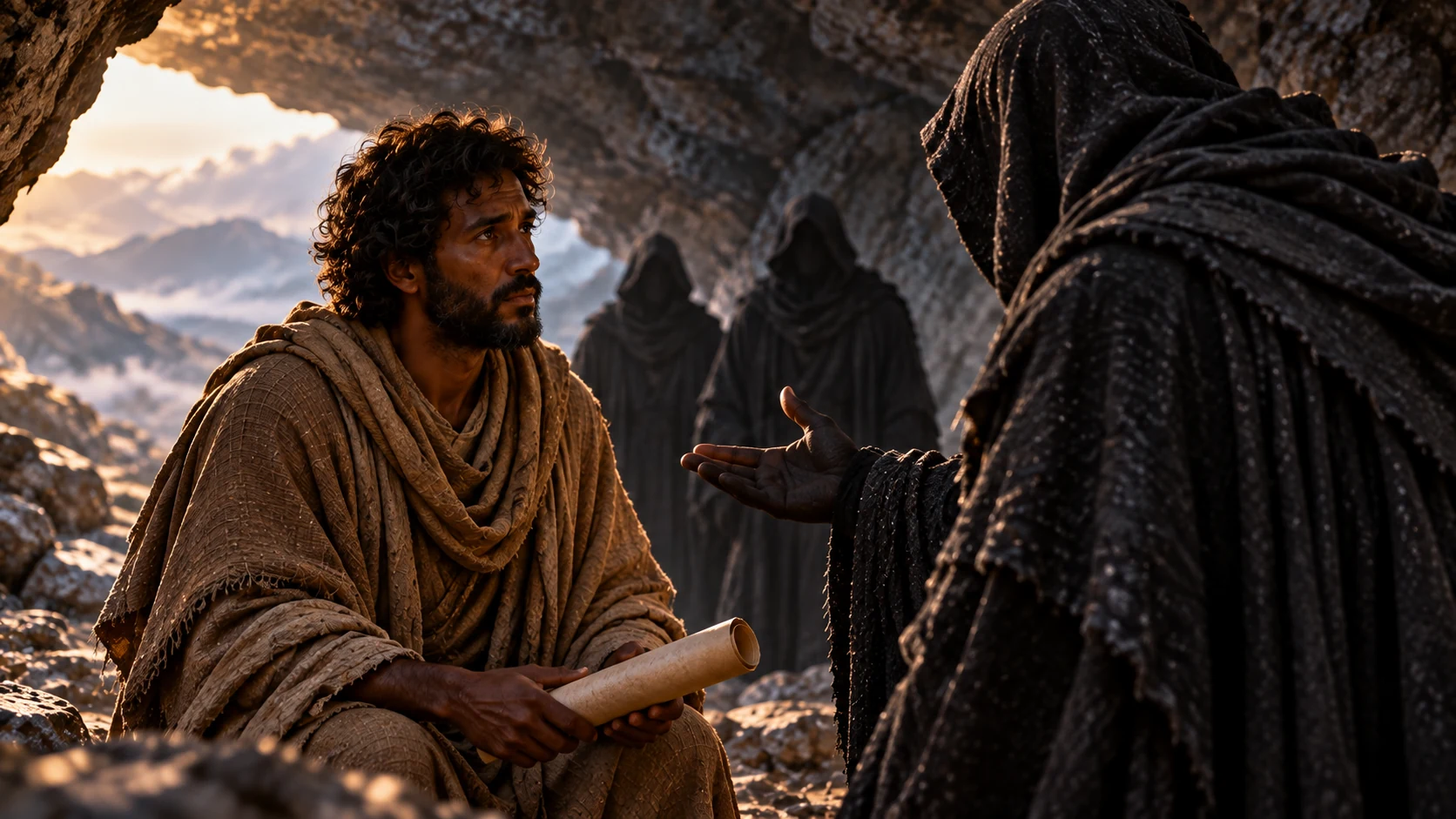 A dark-veiled figure speaks to Enoch beside a rocky alcove; he holds a plain scroll.