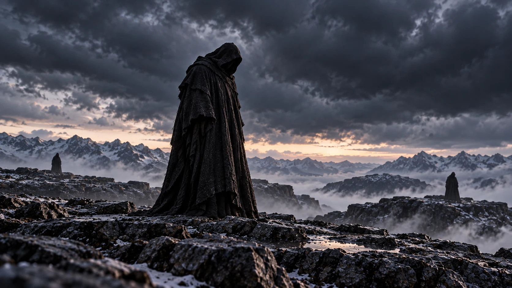 A lone dark-veiled Watcher stands on a barren plateau under heavy clouds.