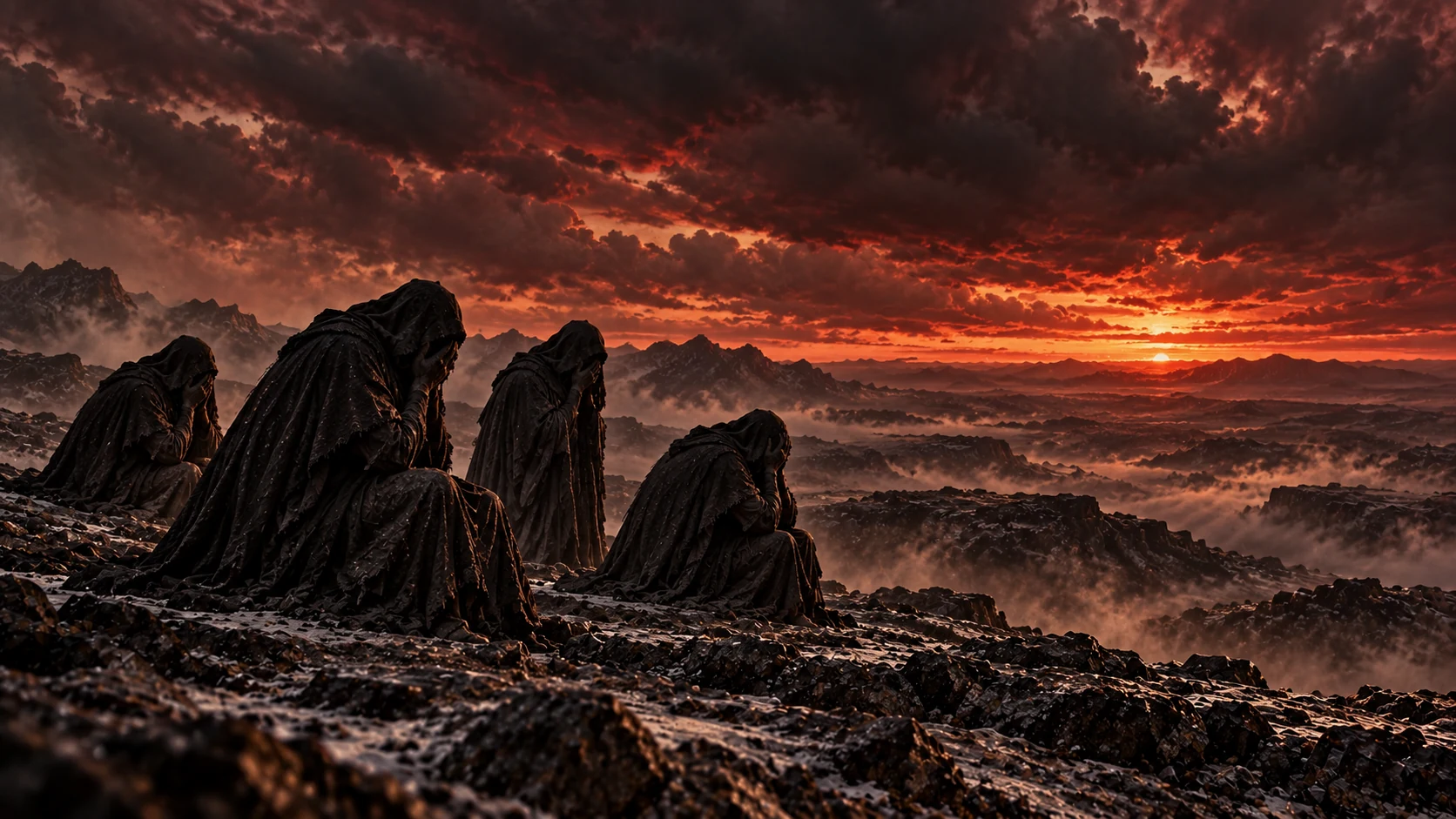 Four dark-veiled Watchers kneel in sorrow on a stony highland beneath a red twilight sky.