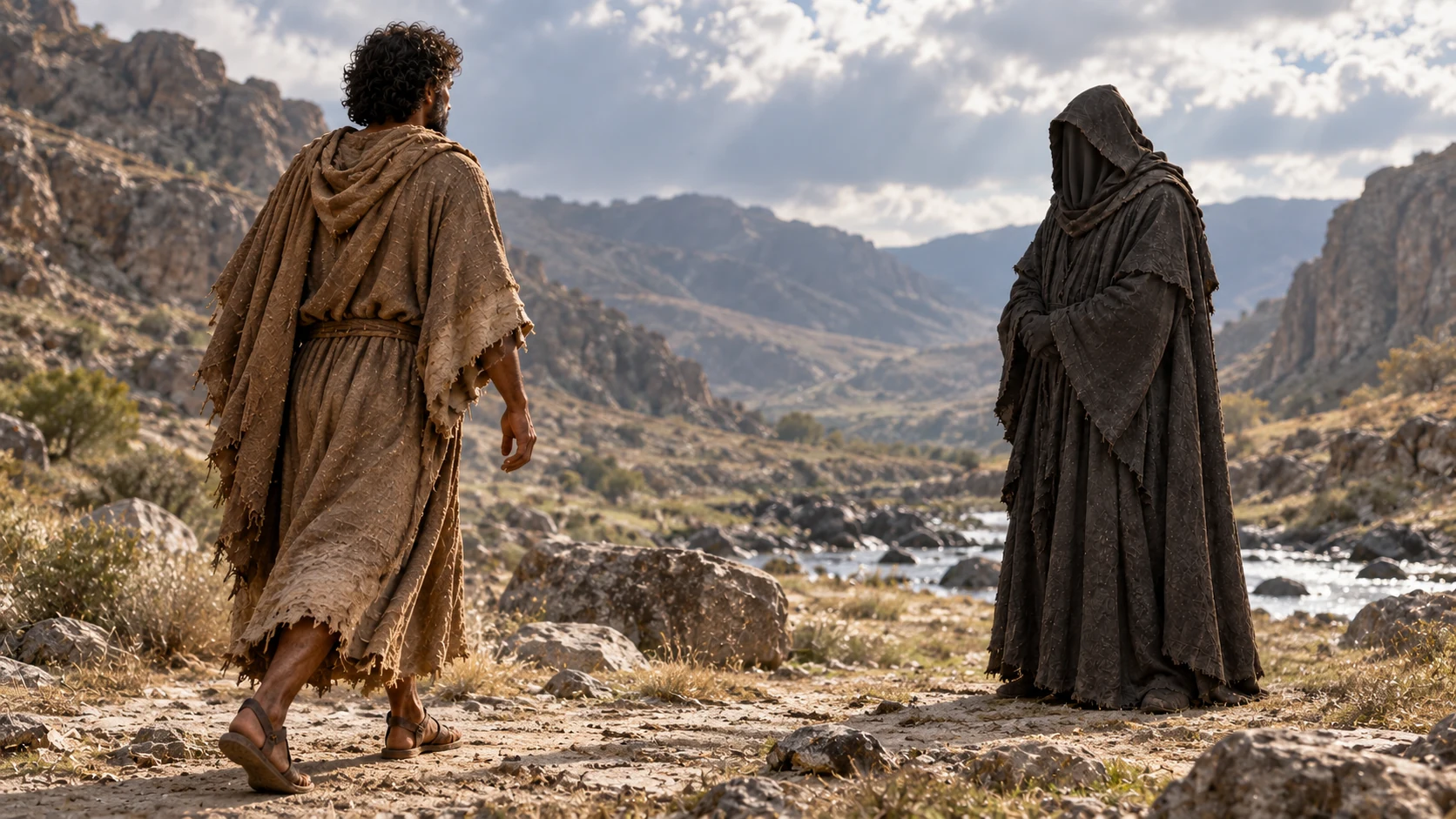 Enoch walks toward a solitary dark-veiled form in rocky open land.