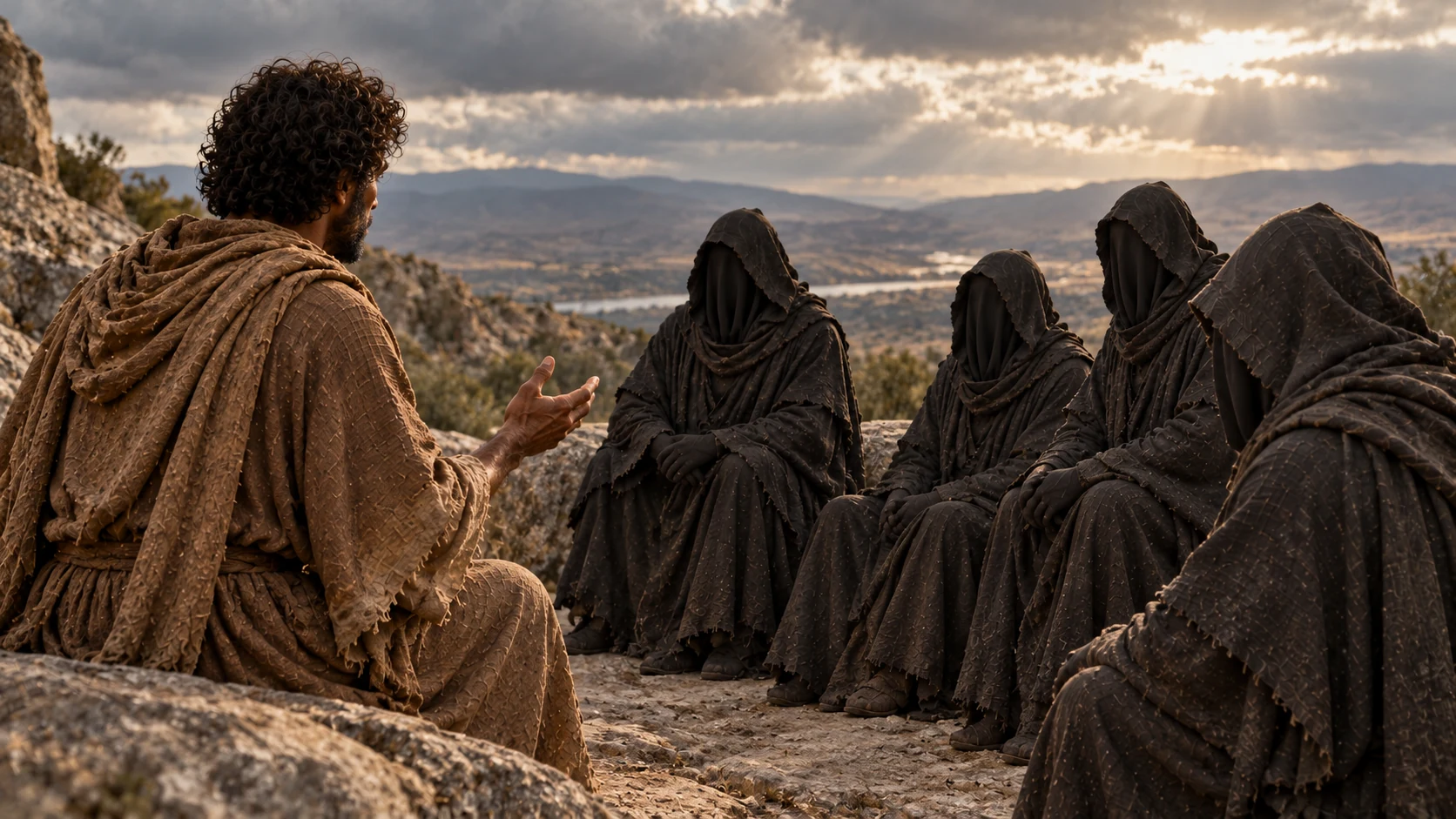 Enoch recounts his visions to seated face-covered forms.