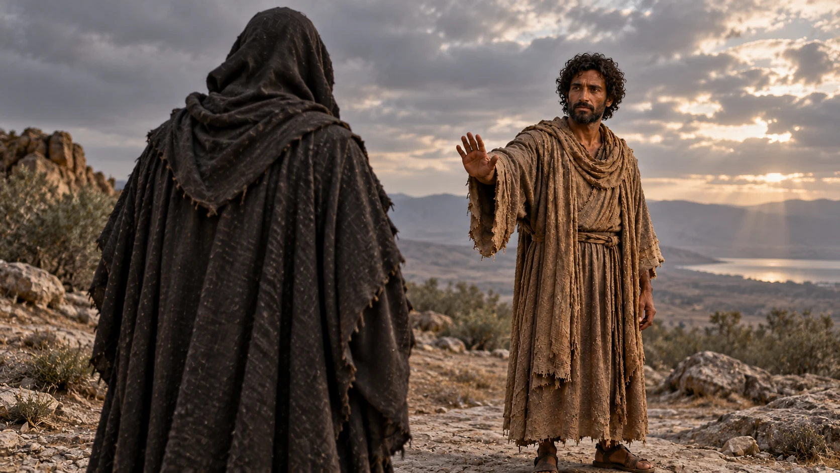 Reverse view of a veiled form facing Enoch’s raised empty hand.