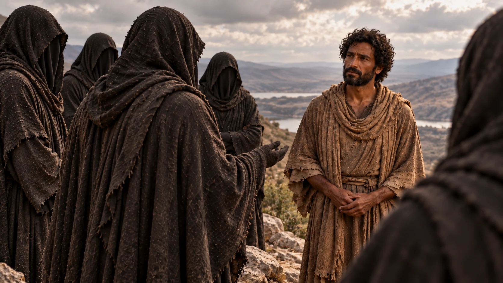 A cloth-covered pleading hand reaches toward Enoch as he listens.