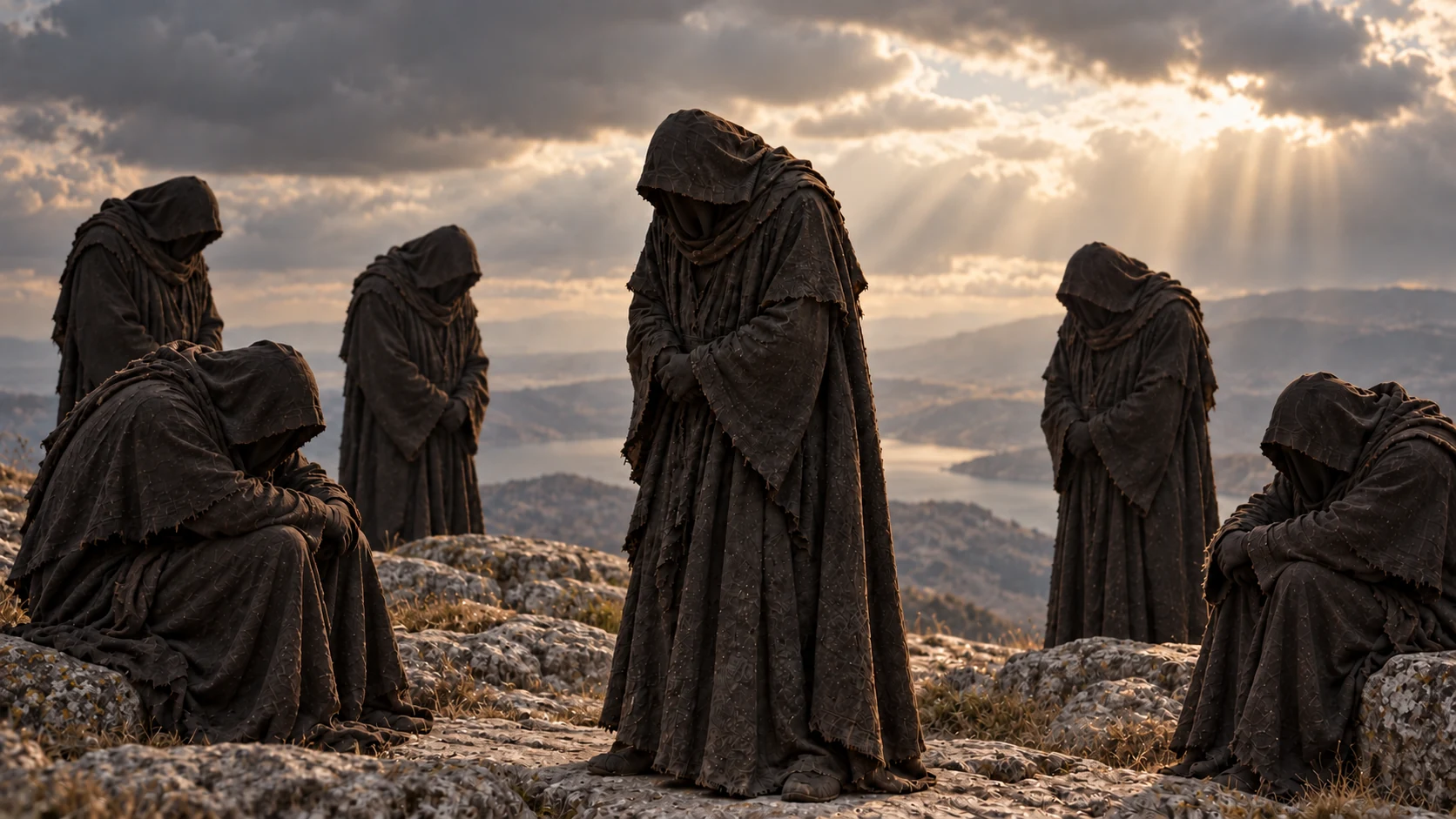 Dark-veiled forms lower their covered heads in shame.