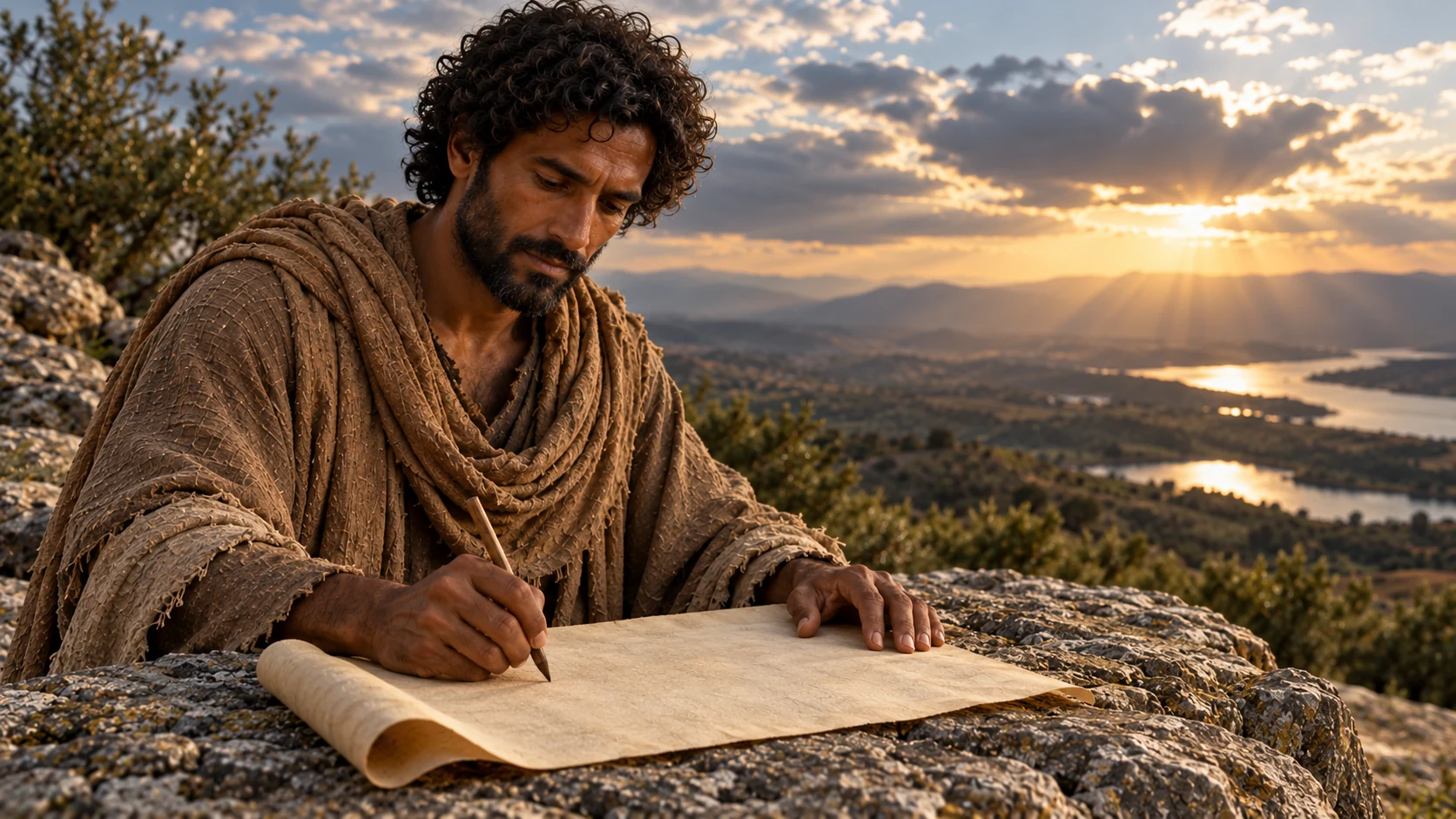 Enoch makes a writing gesture over an unmarked sheet on stone.
