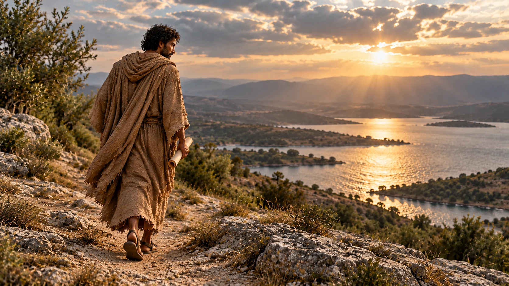 Enoch descends rocky land toward visible waters with a rolled sheet.