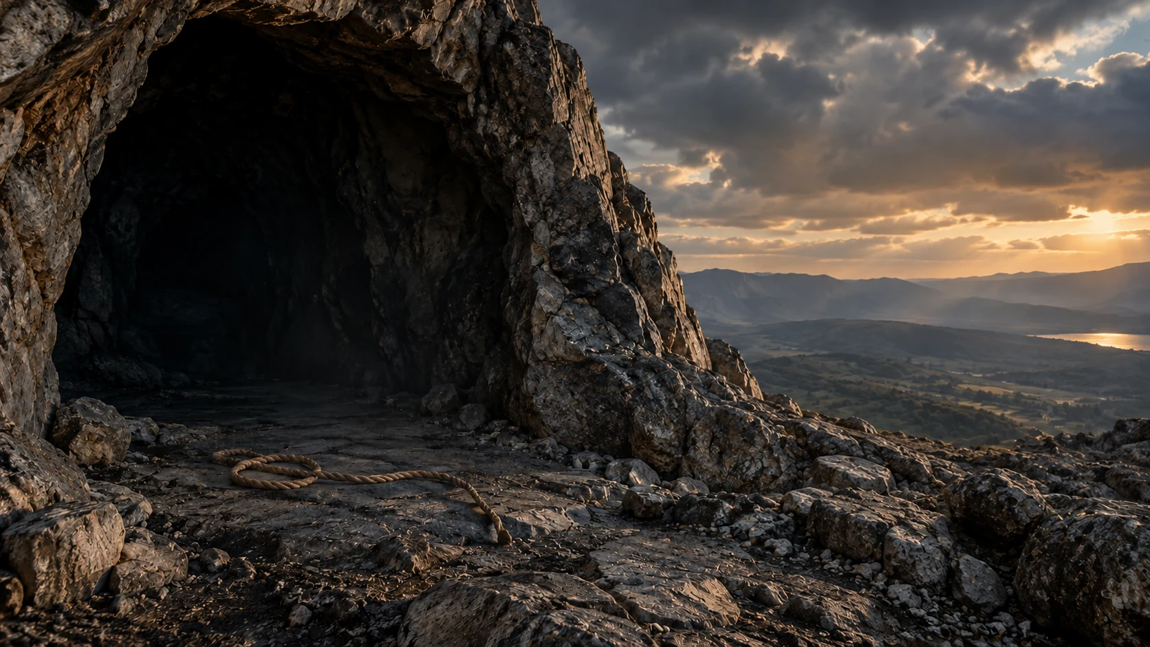 An empty rock hollow and loose rope evoke punishment symbolically.