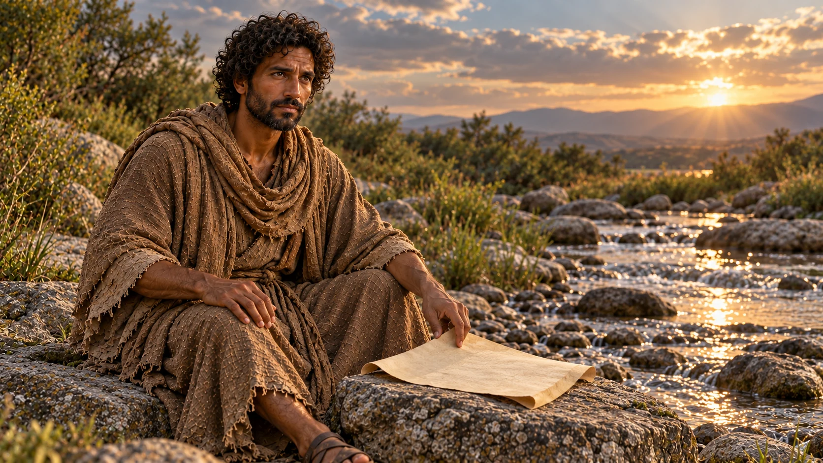 Enoch sits awake beside the water with the record within reach.