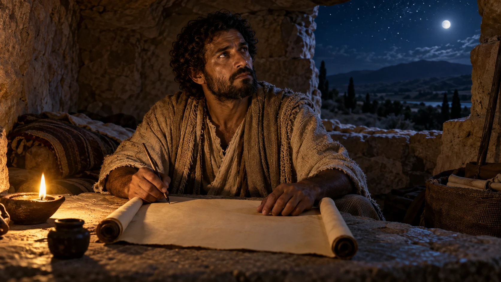 Enoch with blank parchment in a lamplit shelter