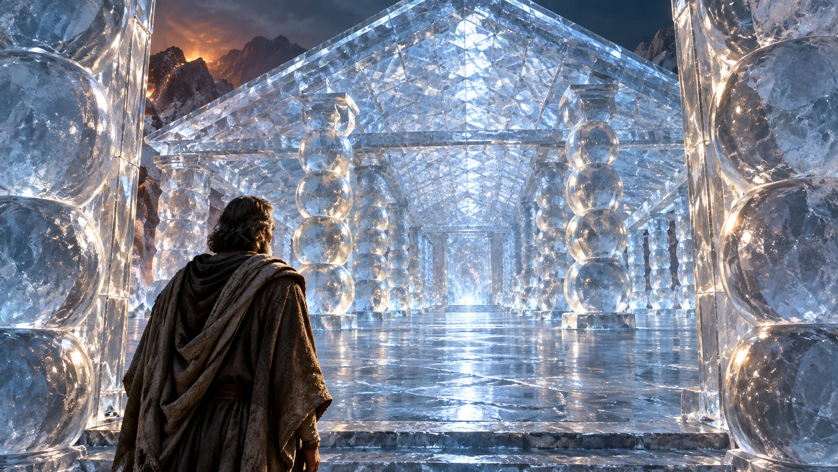 Enoch at threshold of icy house and mosaic roof