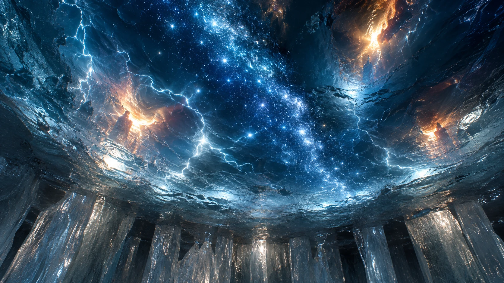 Upward view through icy ceiling with stars, water, and fiery presences