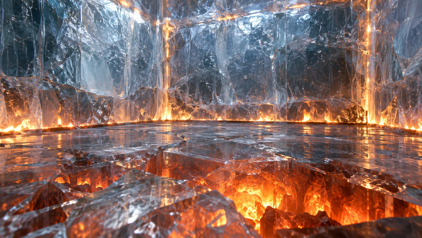 Close icy walls with fire under clear floor