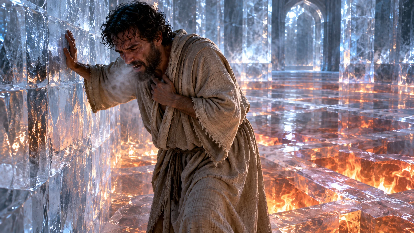 Enoch presses hand to ice wall above reflected fire