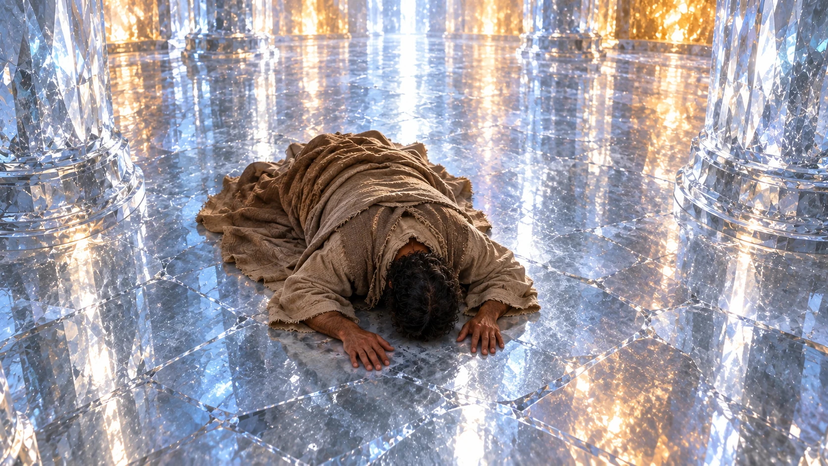 Brown-robed dark-haired Enoch lies face-down on a cool crystalline floor.