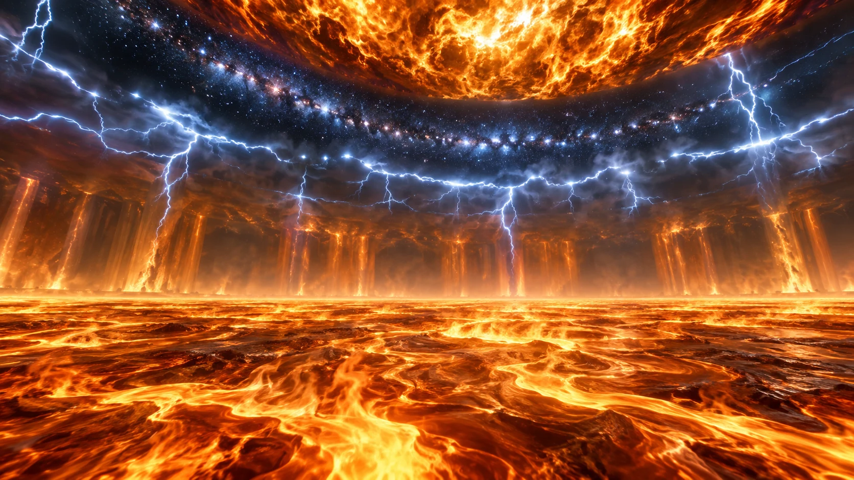 Low view of fire floor beneath lightning and star path