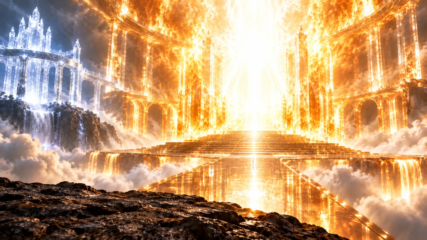 The Great Glory. New14:20 frame. The central throne region is entirely occluded by overwhelming white-gold radiance above the amber fire-built house; no empty seat is visible, but also NO humanoid shape, garment-shaped person, face, head, hand or physical divine body. Enoch is NOT visible standing. Atmospheric brightness evokes the recorded Great Glory without claiming to picture God. Clear luminous center, cool-white to gold contrast, no explicit throne occupant.
