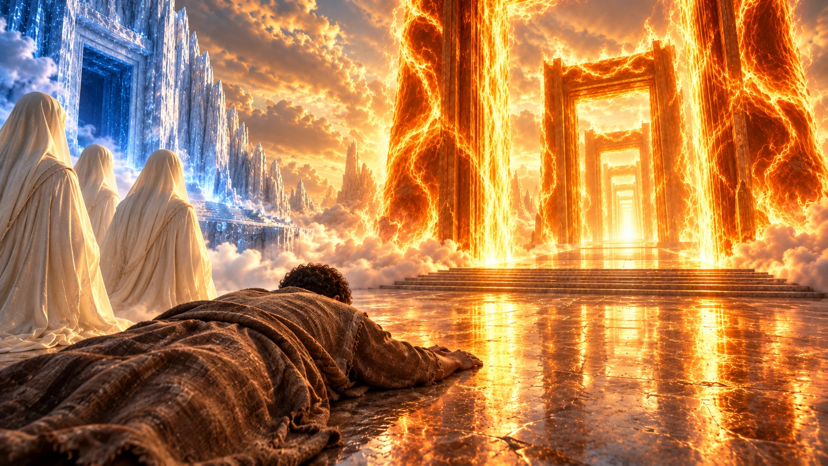 The holy ones remain. New14:23. A small anonymous group of ivory-veiled holy presences remains quietly near, but not inside, a continuous white-gold luminous boundary of the fiery house. Medium-low view from behind their veils, no divine body or face and no standing Enoch. Do not identify a named rank, exact number of all holy ones or literal architectural distance. Stable attentive posture, restrained amber reflections.