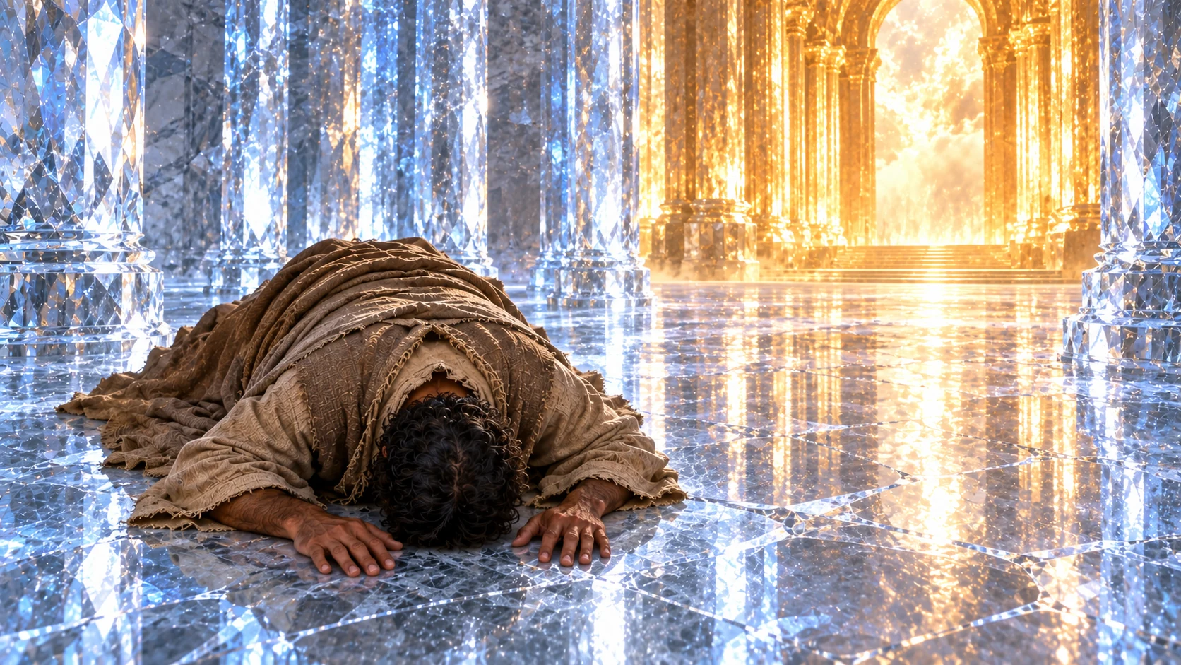 Prostrate and trembling. New14:24. Use image1 for DARK curly-haired BROWN-robed Enoch; image2 ONLY for prostrate posture and first-house cold crystal floor, NOT gray hair or ivory robe. Ground-level close view of Enoch lying face-down, hands resting tensely by his head, shoulders bent, BROWN garment, dark hair clear. Distant fire reflections and an unseen bright region outside frame suggest the call; NO visible divine mouth, face, hand, person or another speaker. He has NOT risen yet.