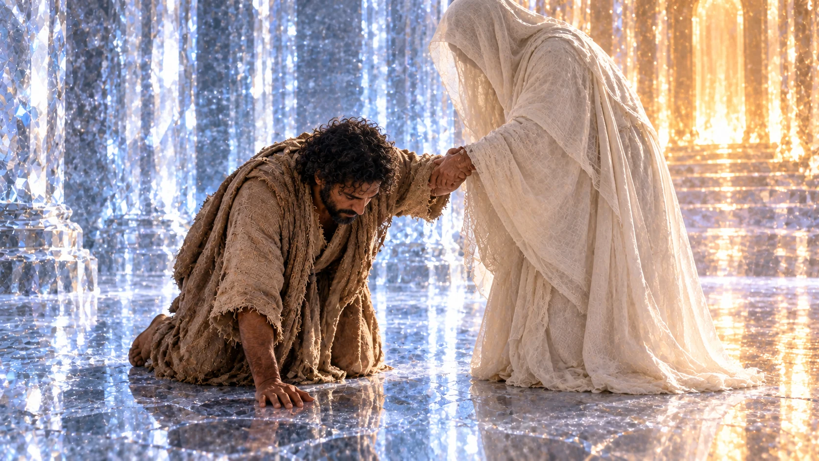 One holy one raises him. New14:25. ONLY NOW may Enoch be raised. Exactly ONE anonymous ivory-veiled holy presence with face concealed reaches gently to help ordinary DARK-curly-haired BROWN-robed Enoch up from his prostrate position on the cool silver-blue crystal/hail floor. Enoch is halfway rising, not triumphant; his head remains lowered. Human-scale figures, no gigantic angel, wings, halo, God, romantic gesture or deity. The helper is the explicitly recorded one of the holy ones, not the Lord pictured.