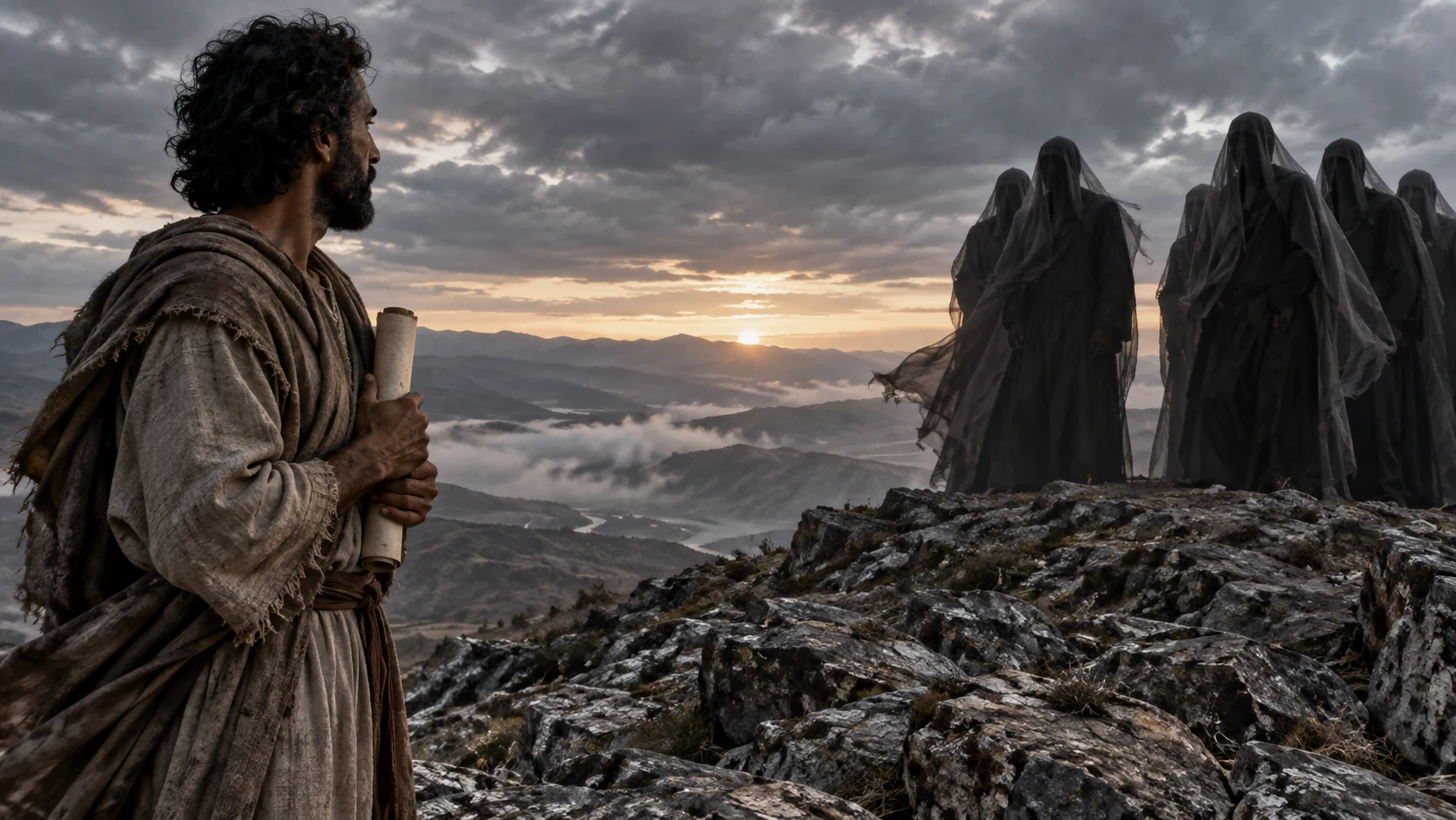 Enoch holds rolled petition apart from veiled Watchers