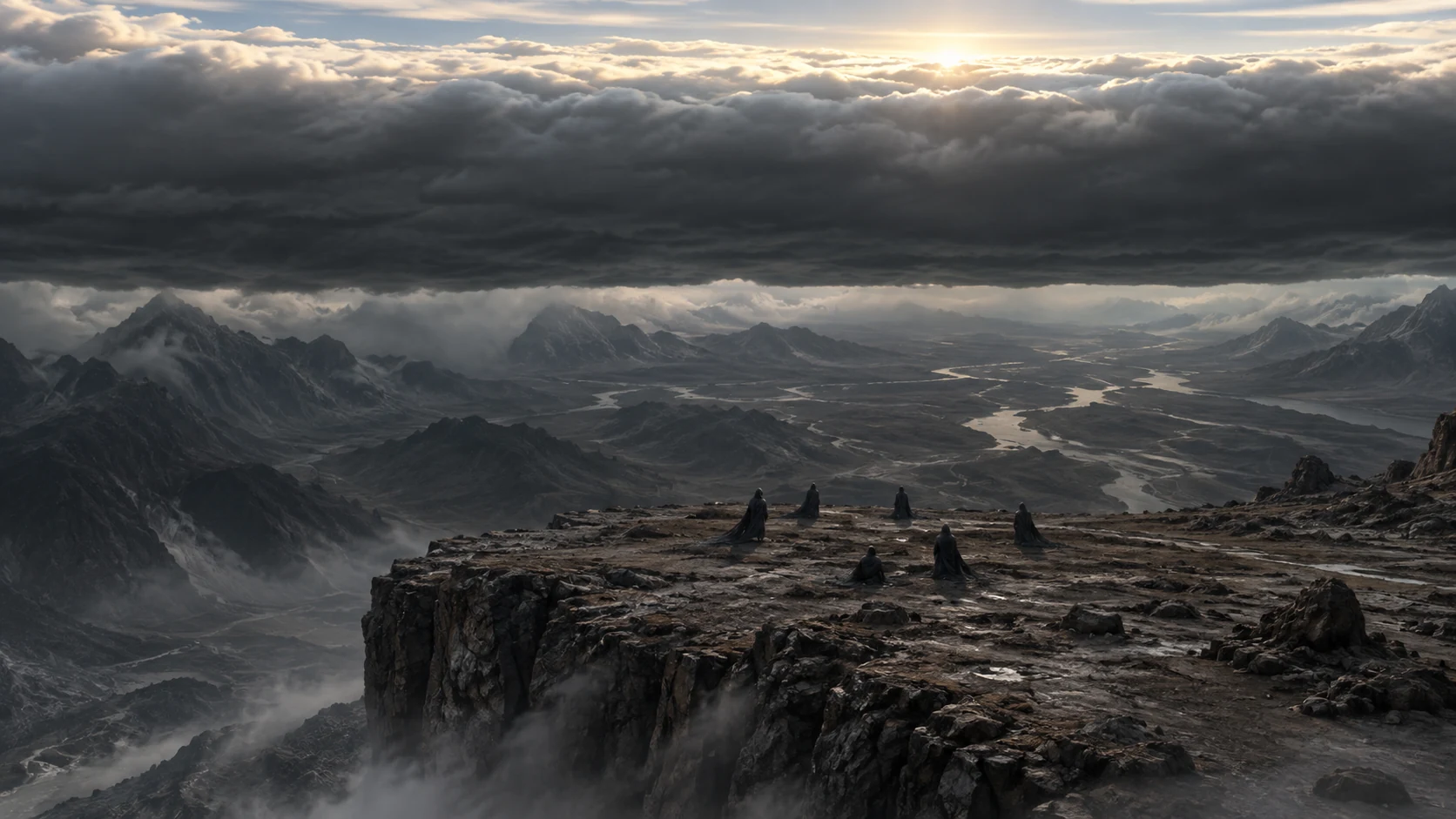 Dark-veiled Watchers on mountain shelf under thick cloud