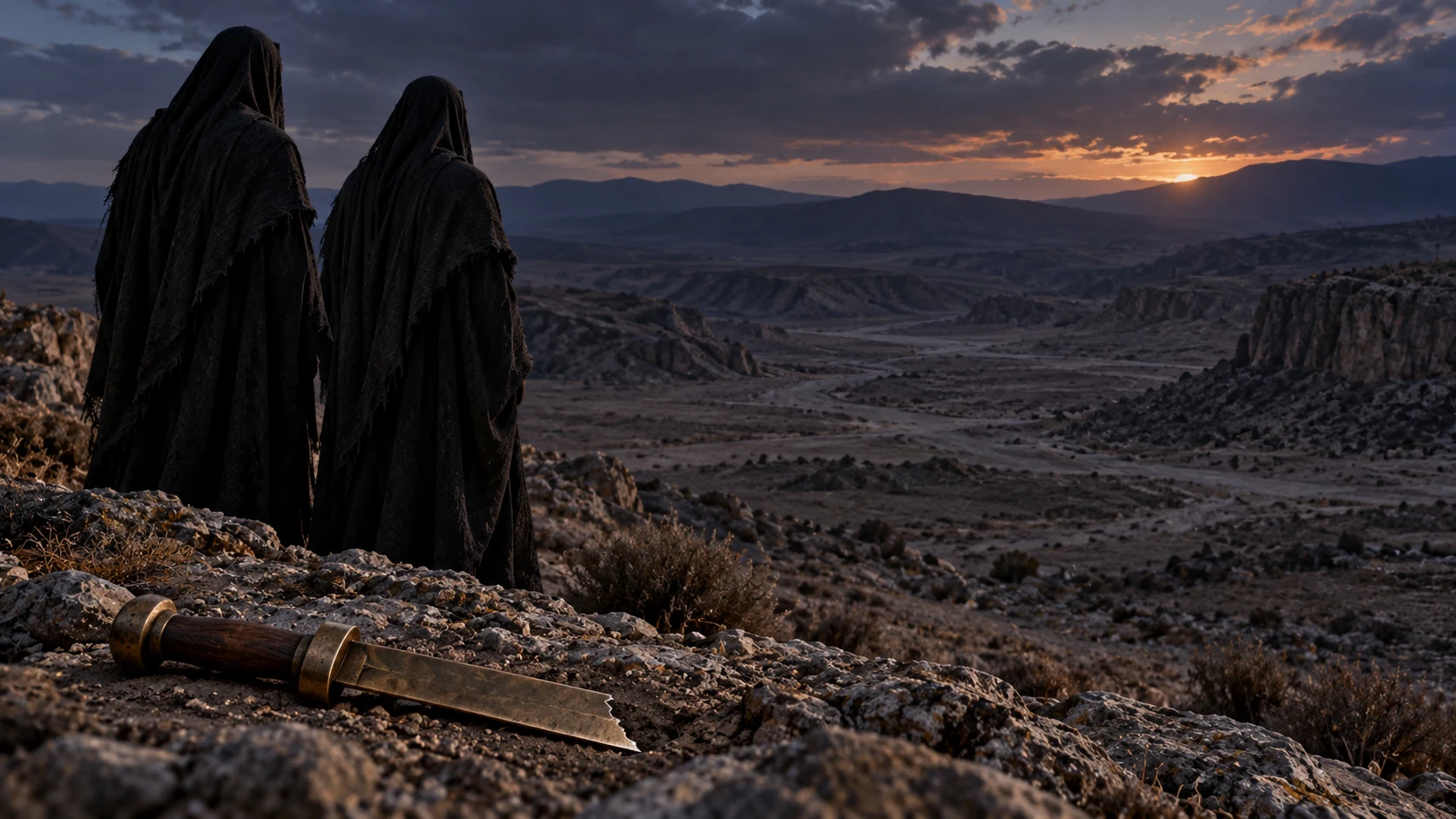 Two dark-veiled Watchers overlook an empty valley with a small abandoned sword.