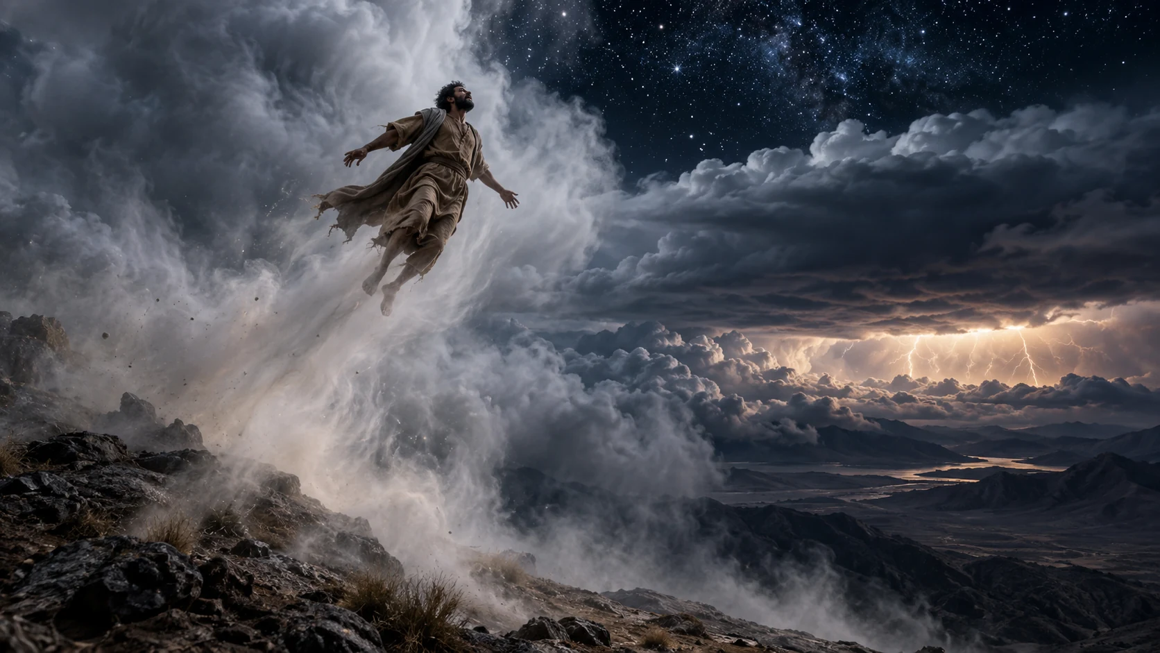 Enoch rising through mist beneath starry storm sky